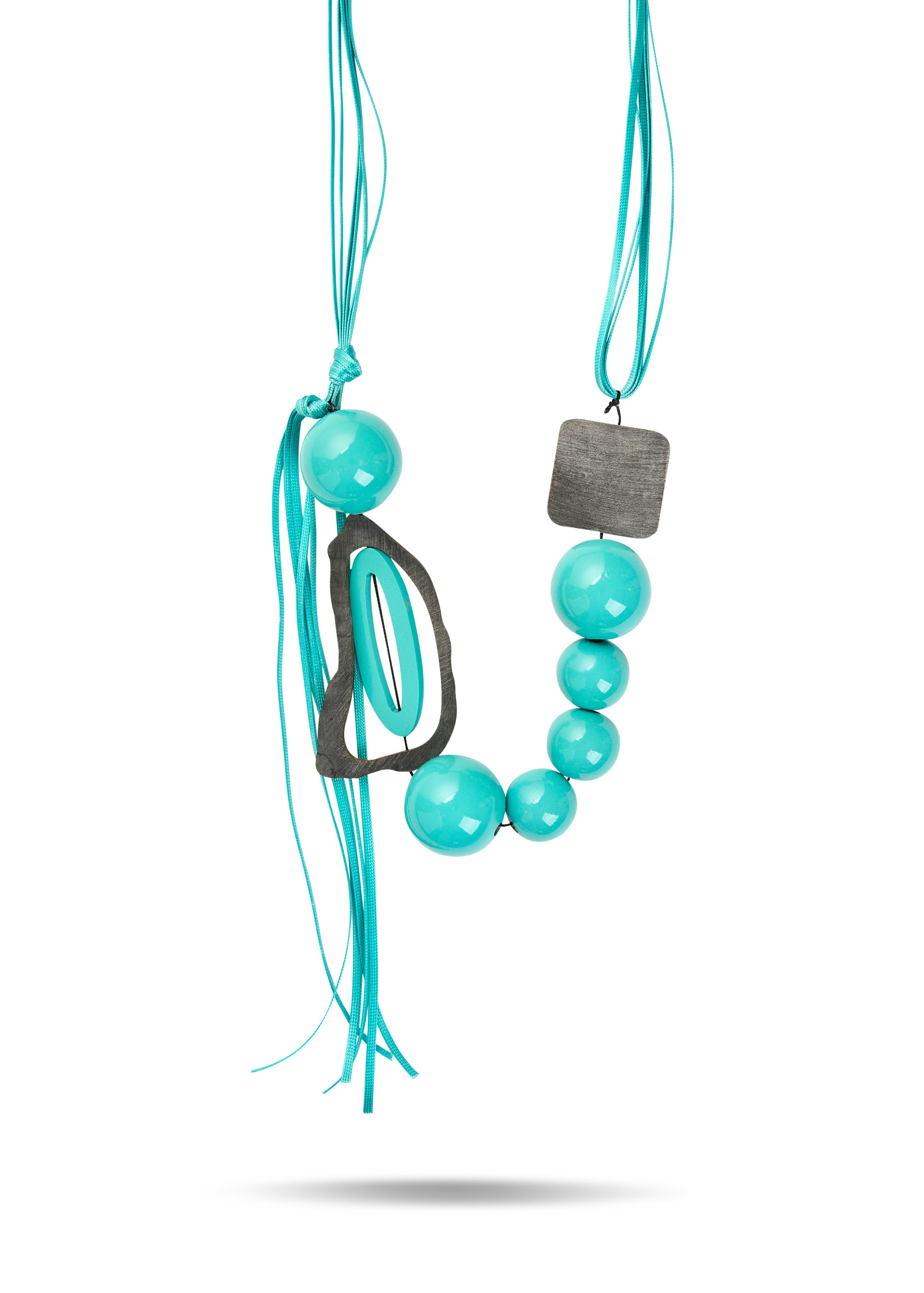 A necklace of wooden beads, a combination of turquoise colors