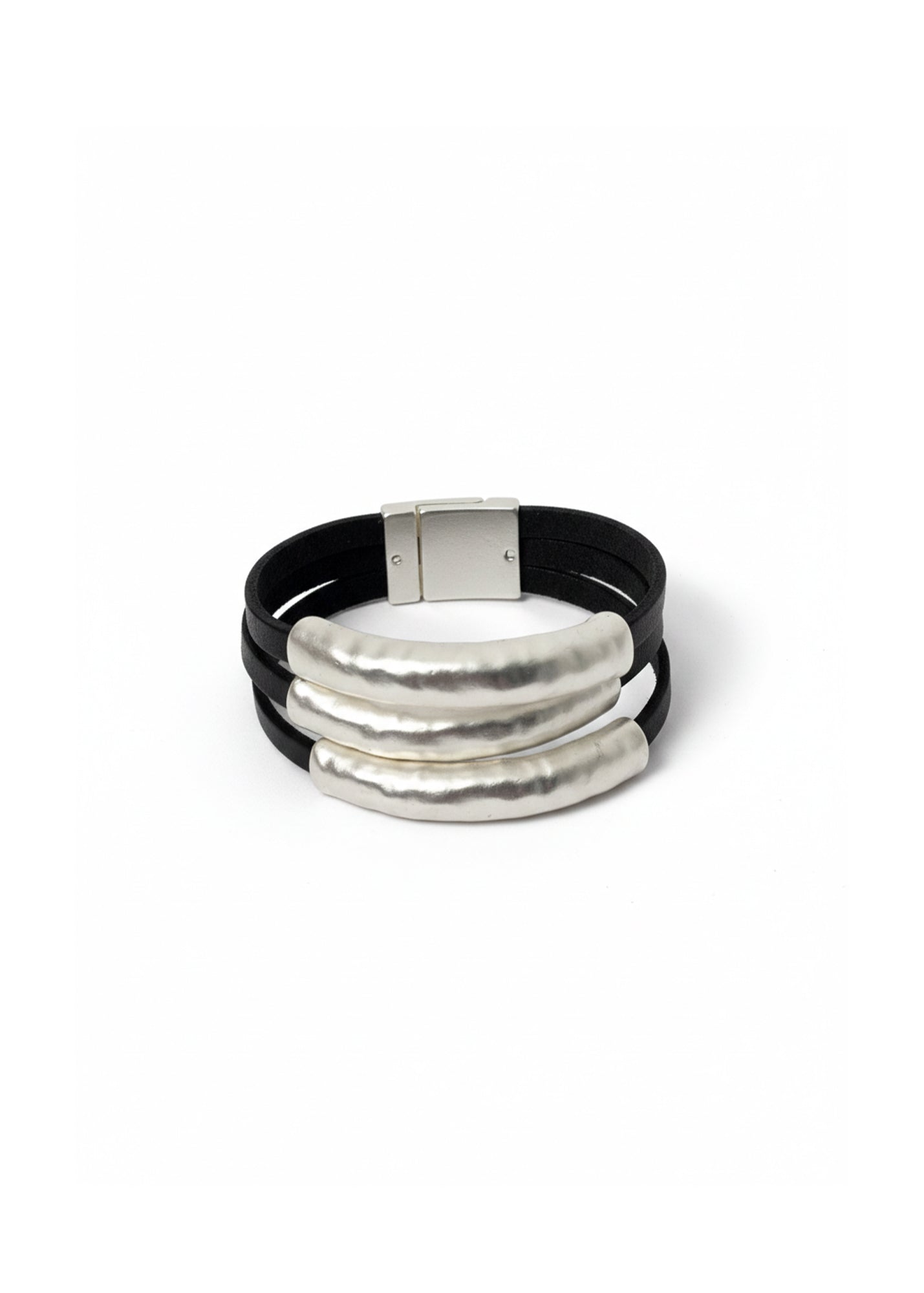 Black flat leather strap bracelet with tubes