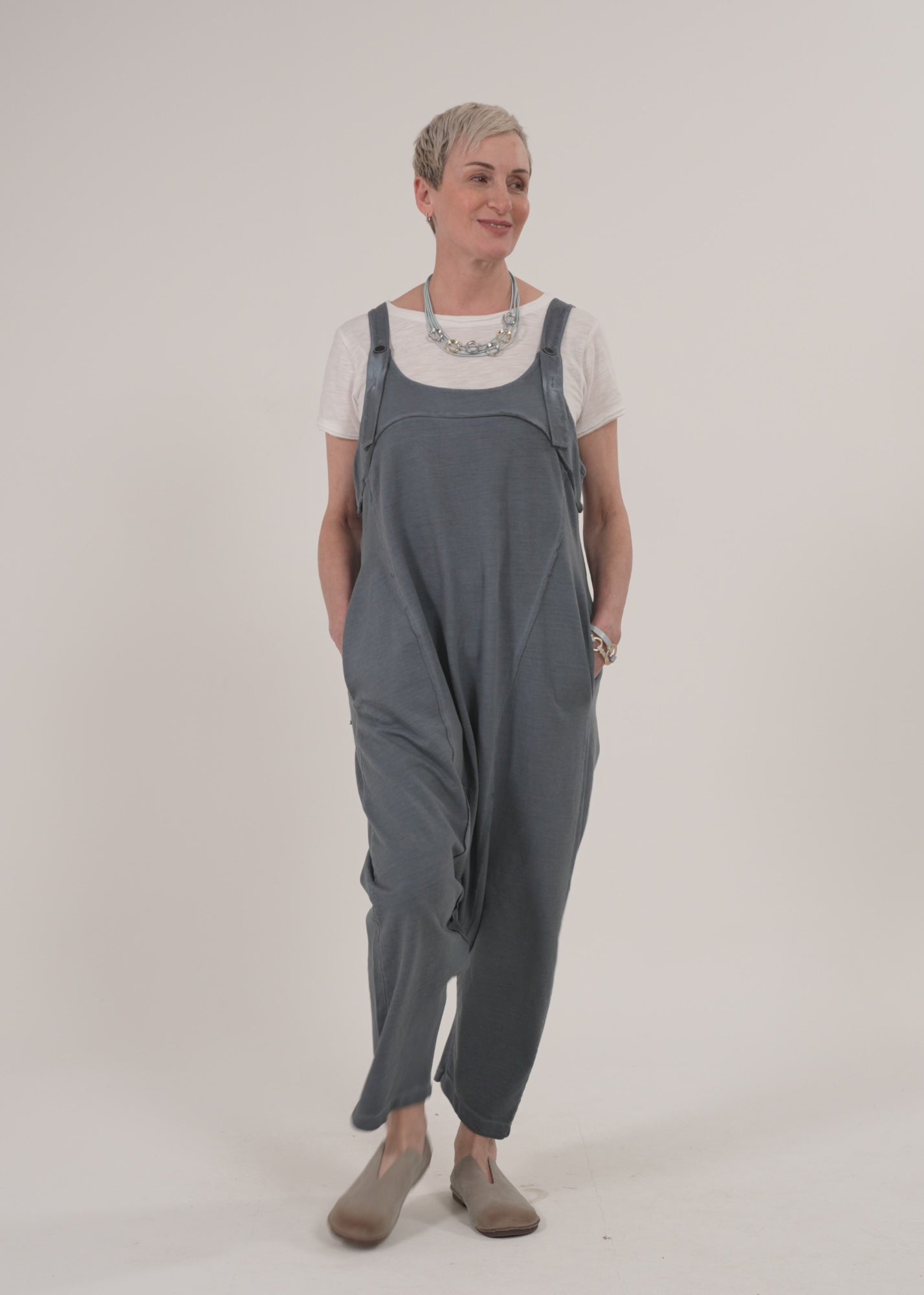 French terry overall with blue wash buttons