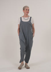 French terry overall with blue wash buttons
