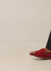 Women's sandals, soft leather, folding heel, red strap