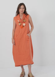 שמלת פשתן עם צווארון גולף ירוק