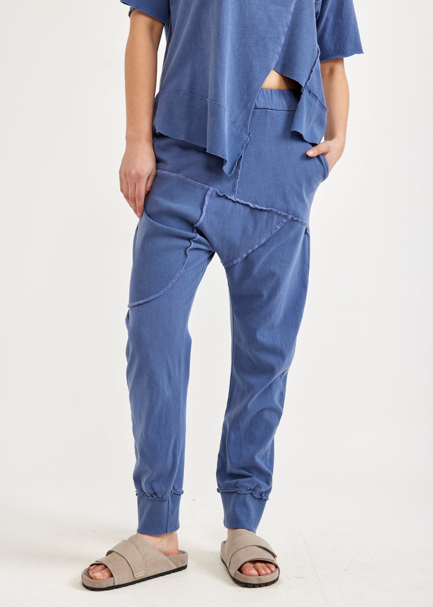 מכנסיים שילוב ריב תפרים חיצוניים כחול